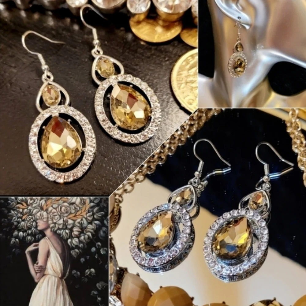 Vintage Champagne Crystal Silver Drop Earrings